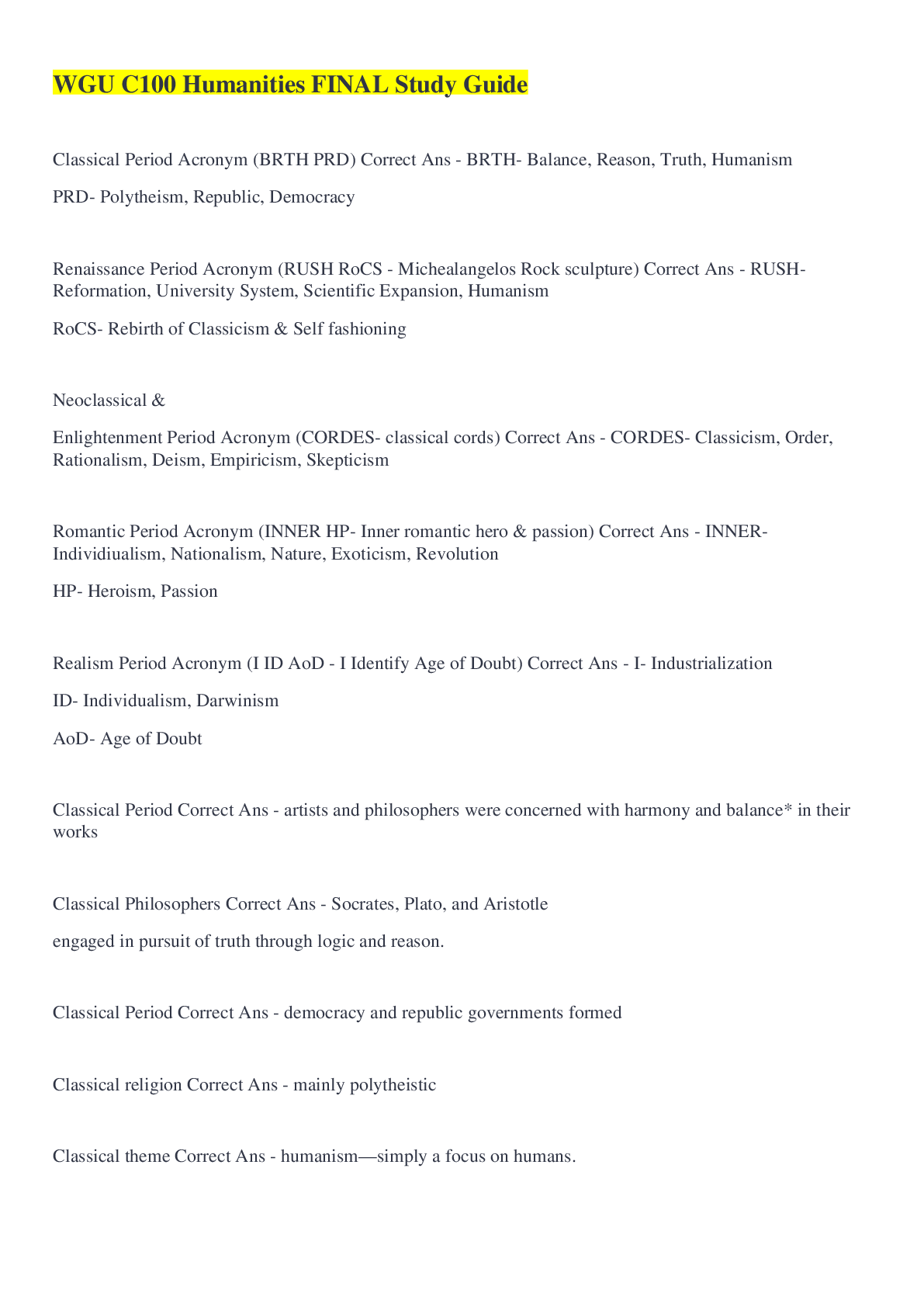 Preview of WGU C100 Humanities FINAL Study Guide